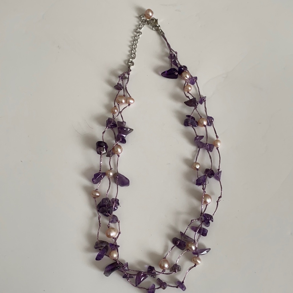 Necklace With Pink Pearls And Amethyst Stones!